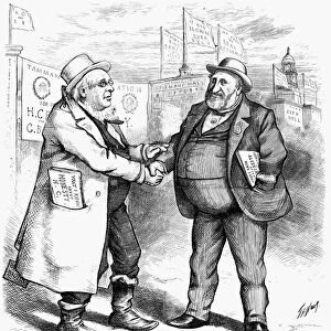 PRESIDENTIAL CAMPAIGN 1872. Cartoon by Thomas Nast showing Horace Greeley, left, and Boss Tweed, the discredited Tammany leader, warmly greeting each other after Greeleys nomination for presidency by the Liberal Republicans