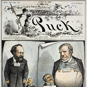 PRESIDENTIAL CAMPAIGN, 1880. Cartoon, 16 June 1880, by J. A. Wales, showing Republican nominees James A. Garfield and Chester A. Arthur at left, and anticipated Democratic nominees Samuel J. Tilden and David Davis at right
