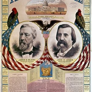 PRESIDENTIAL CAMPAIGN, 1884. James G. Blaine and John A. Logan as the presidential and vice presidential candidates on a Republican party lithograph campaign poster, 1884