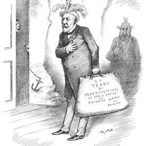 PRESIDENTIAL CAMPAIGN 1884. A Thomas Nast cartoon from 1 November 1884 attacking Republican candidate James Gillespie Blaine, with the spirit of the late Boss Tweed depicted at his rear, for corruption