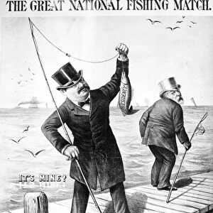 PRESIDENTIAL CAMPAIGN, 1888. A cartoon showing Grover Cleveland, prematurely, as victor of the 1888 presidential election; he was actually to lose in the electoral college to opponent Benjamin Harrison (right) despite winning the popular vote. Contemporary lithograph