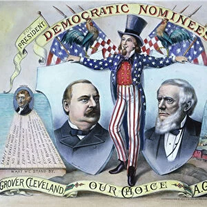PRESIDENTIAL CAMPAIGN, 1888. Grover Cleveland and Allen G. Thurman as the Democratic party candidates for President and Vice President on a lithograph campaign poster by Kurz & Allison, 1888