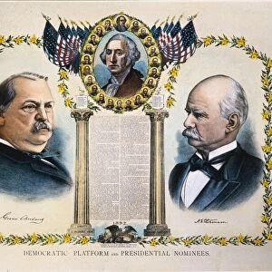 PRESIDENTIAL CAMPAIGN, 1892. Grover Cleveland and Adlai E. Stevenson as the Democratic party candidates for President and Vice President on a lithograph campaign poster, 1892