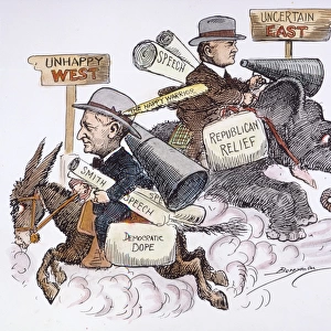 PRESIDENTIAL CAMPAIGN, 1928. Al Smith, the Democratic party candidate for President in 1928, and Herbert Hoover, the Republican contender, charge off to campaign in the regions where their support is weakest. Contemporary cartoon by Clifford Berryman
