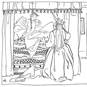 THE PRINCESS AND THE PEA. Drawing by Arthur Rackham for the fairy tale by Hans Christian Andersen