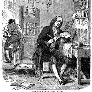 PRINTING, 18th CENTURY. American printer and publisher Benjamin Franklin (1706-1790) in his printing shop at Philadelphia, Pennsylvania. Wood engraving, American, 19th century