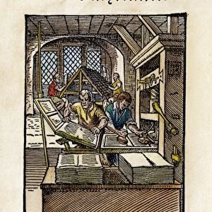 PRINTING OFFICE, 1568. The Book Printer applies the ink, his assistant pulls the lever