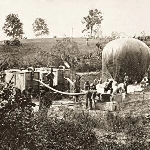 Professor Thaddeus Sobieski Coulincourt Lowe inflating his reconnaissance balloon Intrepid on Gaines Hill, Virginia, shortly before the Battle of Fair Oaks during the American Civil War, May 1862. Photograph by Mathew Brady or one of his assistants