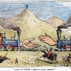 PROMONTORY POINT, 1869. Contemporary cartoon commemorating the joining of the Central Pacific and Union Pacific Railroads
