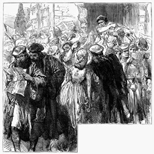 PROTESTANT REFORMATION. Townspeople buying Martin Luthers tracts at the printing office in Wittenberg, Germany. Wood engraving, 19th century