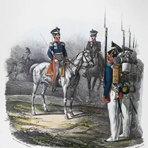 PRUSSIAN SOLDIERS, 1830. Major of the 25th Infantry Regiment and soldiers of the