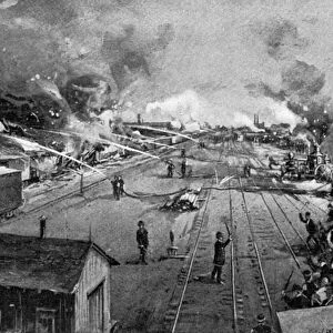 PULLMAN STRIKE, 1894. Freight cars burning at the Illinois Central Railroad yards in Kensington
