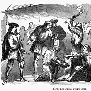 PUNISHMENT. Punishment on board a 17th century English ship. Illustration for Red Hand: or, the Cruiser of the English Channel, a story by F. Clinton Barrington, published in The Weekly Novelette, 1862