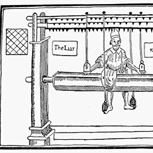PUNISHMENT: THE RACK, 1641. The liar on the rack. Woodcut, English, 1641