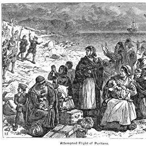 PURITAN FLIGHT. The attempted flight of Puritans from England. Line engraving, 19th century