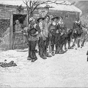 A Puritan governor interrupting the Christmas sports in 17th century Massachusetts. Line engraving, 1883, after Howard Pyle