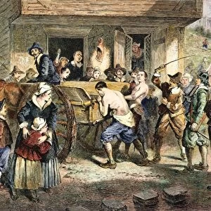 PURITANS: PUNISHMENT, 1670s. Quakers being whipped in Puritan Boston in the 1670s. Wood engraving, 19th century