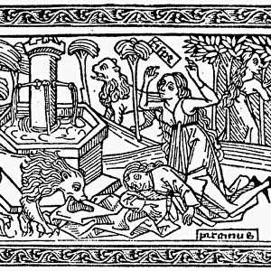 PYRAMUS AND THISBE. Woodcut, 1494, from a book of romances