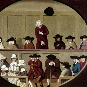 QUAKER MEETING, 1790. Scene in a Quaker meeting house. Oil painting by an anonymous artist