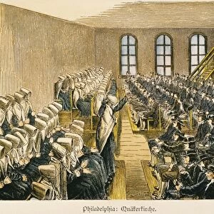 QUAKER MEETING. A Quaker meeting at Philadelphia. Colored line engraving, 19th century