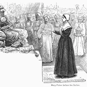 QUAKER MISSIONARY, 1658. Mary Fisher, an English Quaker, in audience with the Sultan of Turkey, 1658, relaying a message from God. Wood engraving, American, 1878