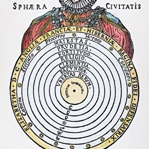 Queen of England and Ireland, 1558-1603. Elizabeth depicted with an astrological diagram of the heavens, with immovable justice placed at the center. Woodcut from John Cases Sphaera Civitatis, Oxford, 1588
