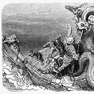 RABELAIS: PANTAGRUEL. A sea monster attacks Pantagruels ship (IV, 34). Wood engraving after Gustave Dor