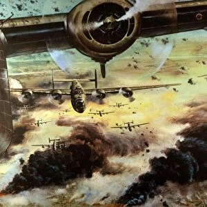 The raid by American B-24 bombers on the oil refineries at Ploesti, Romania, 31 May 1944. Painting, c1950, by Stanley Dersh