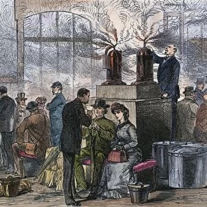 Rail passengers from the south of France fumigated upon their arrival in Paris during the cholera epidemic of 1884. Contemporary English engraving