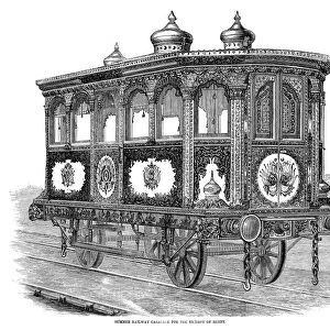 RAILWAY CARRIAGE, 1858. The summer railway carriage for the Viceroy of Egypt. Wood engraving