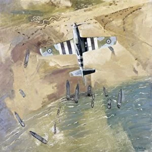 An RCAF Spitfire airplane over the beaches of Normandy after the D-Day invasion on 6 June 1944. Painting by Eric Aldwinkle, 1945