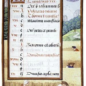 REAPING CORN IN JULY. Miniature from a Flemish Book of Hours, c1500