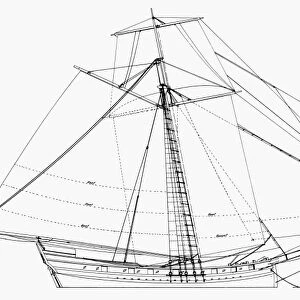Reconstructed sail and rigging plan of the sloop Mediator, built on the Chesapeake, 1741-42