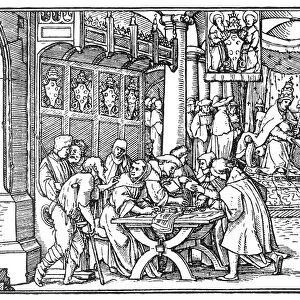 REFORMATION: INDULGENCES. The selling of indulgences. Woodcut, German, 16th century