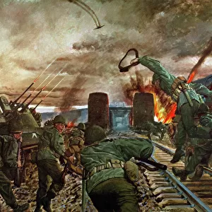 Remagen Bridgehead: the 27th Armored Infantry Batallion of the U. S. Army 9th Division crossing the Rhine River over the Ludendorff Bridge at Remagen, Germany, 7 March 1945. Painting by H. Charles McBarron, Jr