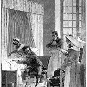 Rene Theophile Hyacinthe Laennec. French physician. Laennec, with his stethoscope, at the Necker Hospital, Paris, France. Wood engraving after a painting by Theobald Chartran (1849-1907)