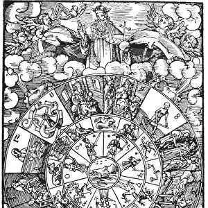 Representation of the horoscope, with the seven planets, the twelve signs of the zodiac, and the twelve houses rotating around the earth. Woodcut from the title page of Leonhard Reymanns Nativitats Kalender, Nuremberg, Germany, 1515