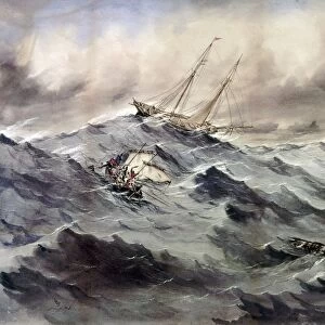 A RESCUE AT SEA, c1862. A schooner throws a lifeline to a lifeboat of people. Watercolor by an unknown American artist, c1862