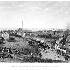 The retreat of the British from the Battle of Concord during the American Revolution, 19 April 1775. Steel engraving, 1874, after Alonzo Chappel