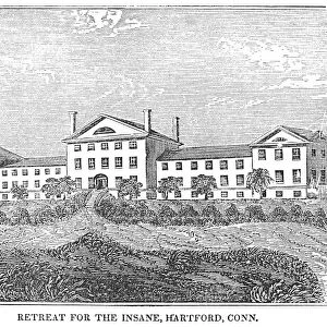 The Retreat for the Insane at Hartford, Connecticut, erected in 1824. Wood engraving, 1854