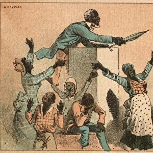 REVIVAL MEETING, 1882. American trade card, 1882, for Frears Silk Department with