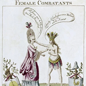 REVOLUTIONARY WAR CARTOON. The Female Combatants - or Who Shall. English cartoon, 1776, on the war between America and England