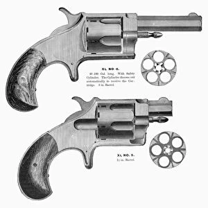 REVOLVERS, 19th CENTURY. Two revolvers manufactured by the American company Merwin, Hultert and Co. Line engraving, 1870s or 1880s