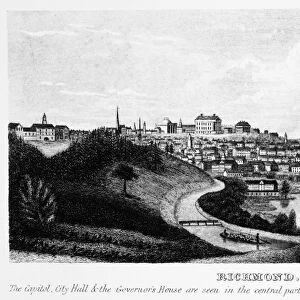 RICHMOND, VIRGINIA, 1856. Above the James River and the Kanawha Canal is the city of Richmond, dominated by the Capitol, City Hall, and the Governors House. On the left is the State Penitentiary. Wood engraving, American, 1856