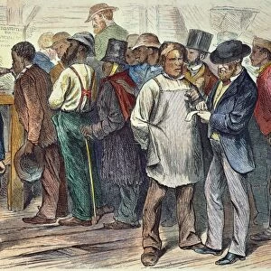 RICHMOND: VOTERS, 1870. Freedmen registering to vote in 1870 in the first municipal election in Richmond, Virginia, held after the end of the Civil War: colored engraving, 1870