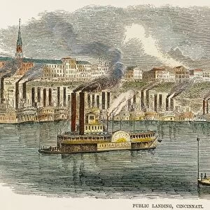 RIVERBOATS AT CINCINNATI. Riverboats at the public landing, Cincinnati, Ohio. Color engraving, American, 1855