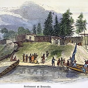 ROANOKE: COLONY, c1587. The settlement at Roanoke Island, c1587. Wood engraving, American, 19th century