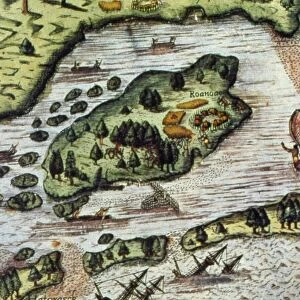 ROANOKE ISLAND, 1585. English settlers landing at Roanoke Island in 1585. Detail of a map, c1590