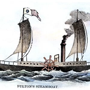 ROBERT FULTONs CLERMONT. Robert Fultons steamboat, Clermont, built in 1807. Color engraving, 19th century