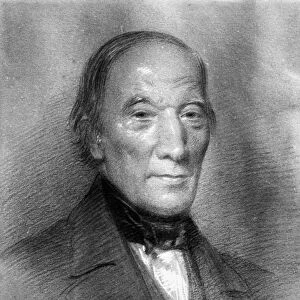 ROBERT OWEN (1771-1858). Welsh manufacturer and socialist. Chalk drawing, 1851